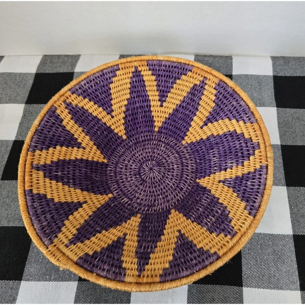 Handmade Woven Grass Basket Bowl Vibrant Design Wall Art Tabletop Purple Tan Art